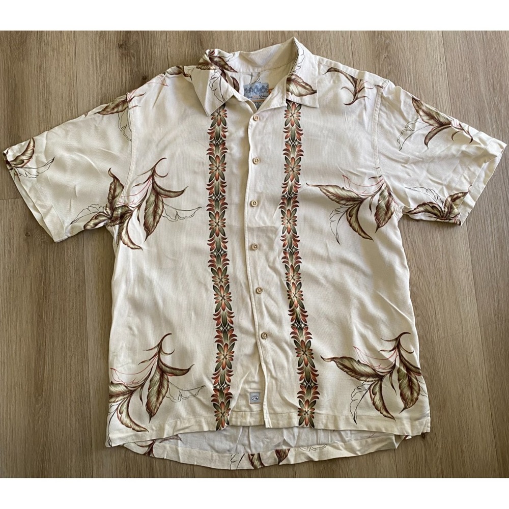 Quiksilver Silver Edition Mens L Hawaiian Shirt Cream Tropical Floral Button up